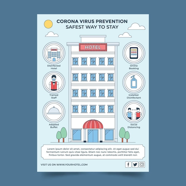 Flat design coronavirus prevention poster for hotels