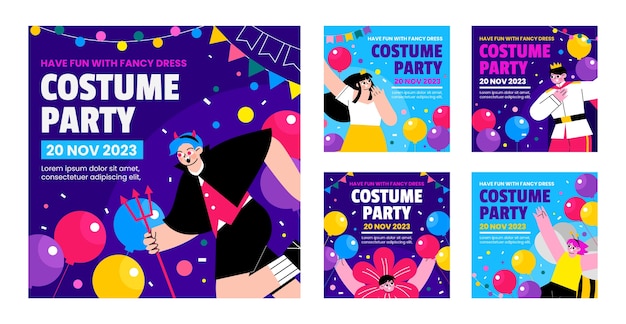 Flat design costume party instagram posts