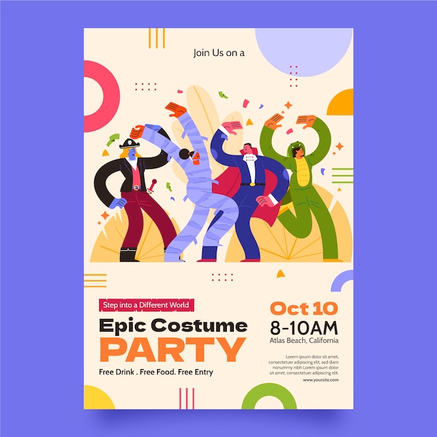 Flat Design Costume Party Invitation – Free Vector Template Download