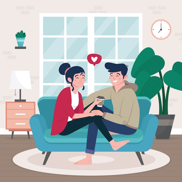 Flat design couple on sofa