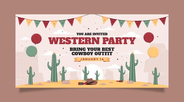 Vettore gratuito banner orizzontale festa da cowboy design piatto