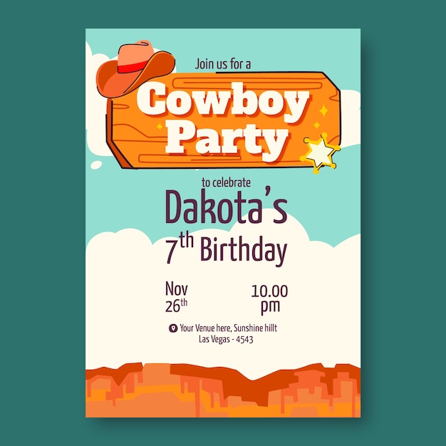 Vettore gratuito modello di invito a una festa da cowboy design piatto