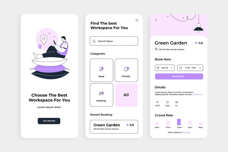 무료 Vector 평면 디자인 coworking 앱 템플릿