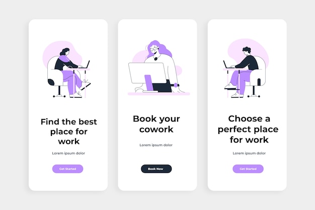 Vettore gratuito modello di app di coworking dal design piatto