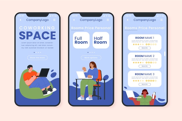 フラットなデザインのコワーキング アプリ テンプレート