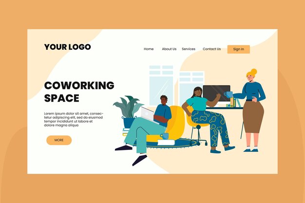 Flat design coworking landing page template