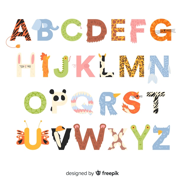 무료 벡터 평면 디자인 귀여운 동물 알파벳