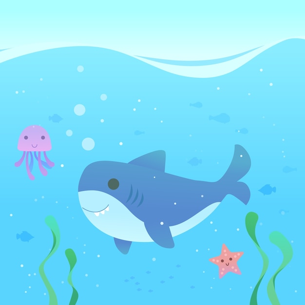 Free vector flat design cute baby shark in the sea