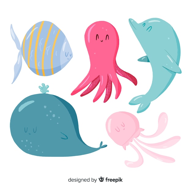 Free vector flat design cute marine animals collection