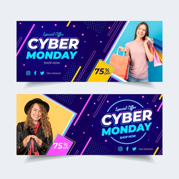 Flat design cyber monday banners with image