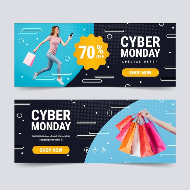 Flat design cyber monday banners with photo