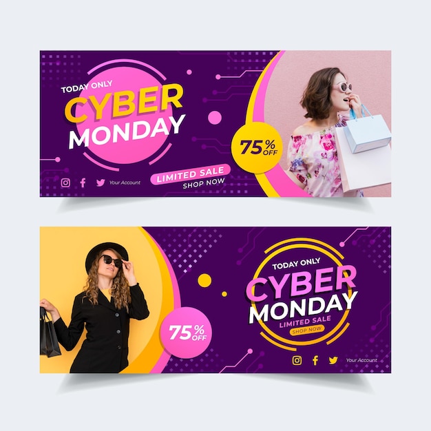 Flat design cyber monday banners with photo