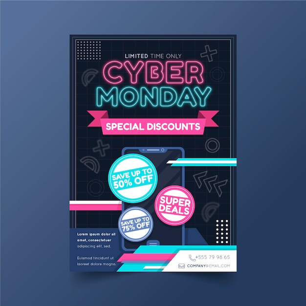 Vettore gratuito modello di volantino cyber lunedì design piatto