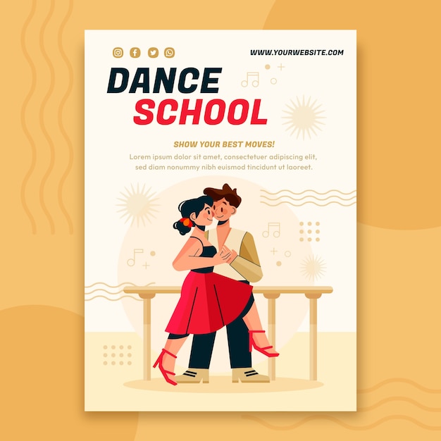Шаблон плаката школы танцев в плоском дизайне