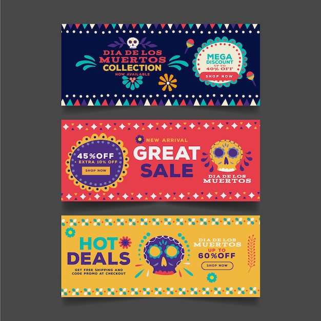 Free vector flat design day of the dead banners set