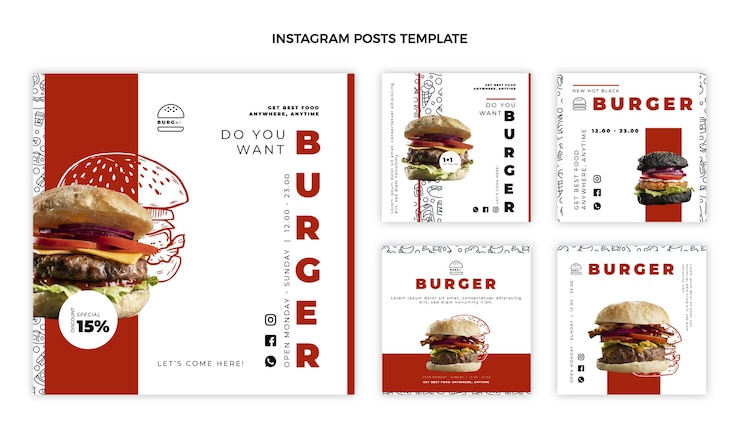免費 Vector 平坦的設計美味的漢堡 instagram 帖子
