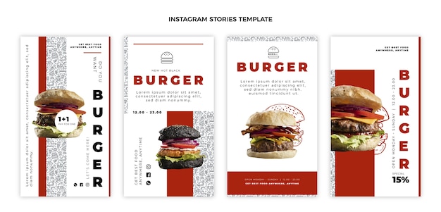 Free vector flat design delicious burger instagram stories