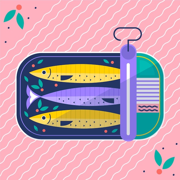 Illustrazione deliziosa di sardine in scatola dal design piatto