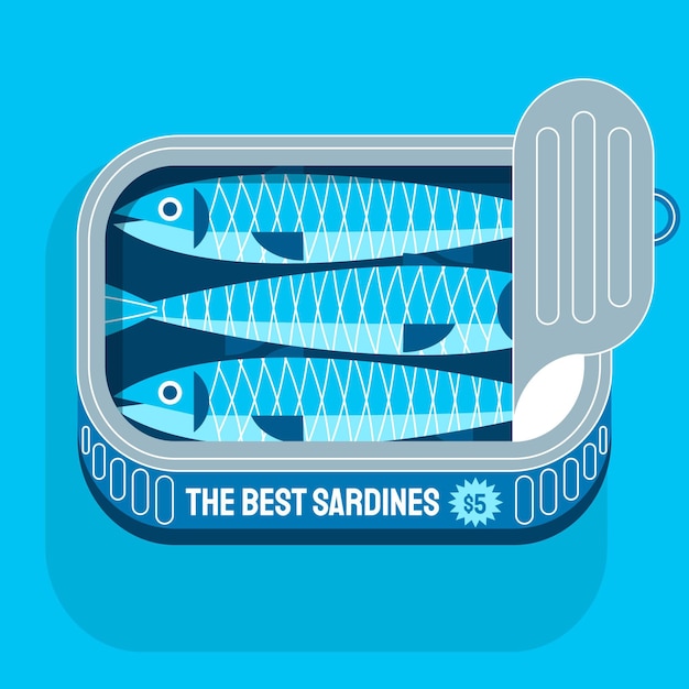 Vettore gratuito illustrazione deliziosa di sardine in scatola dal design piatto