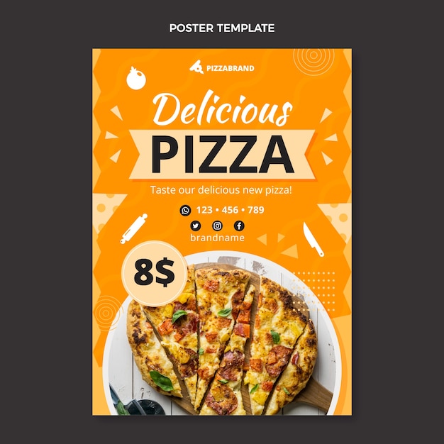 Vettore gratuito modello di poster per pizza deliziosa dal design piatto