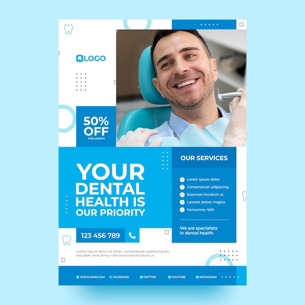 Vettore gratuito modello di poster di clinica dentale design piatto