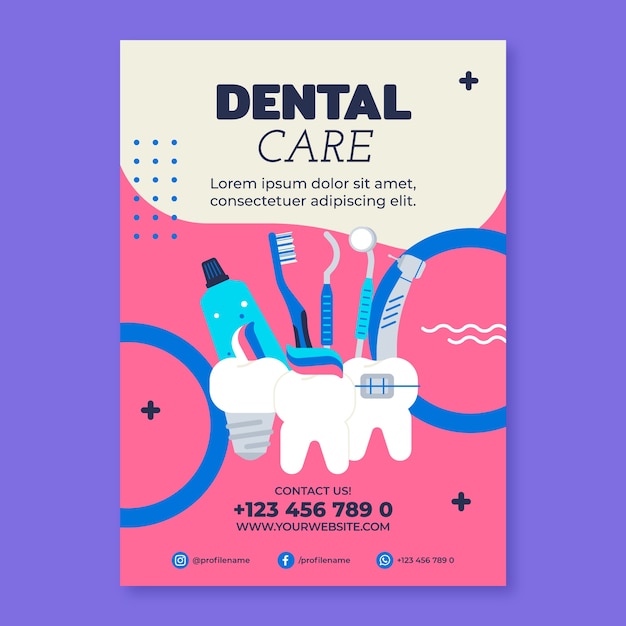 Vettore gratuito modello di poster di clinica dentale design piatto