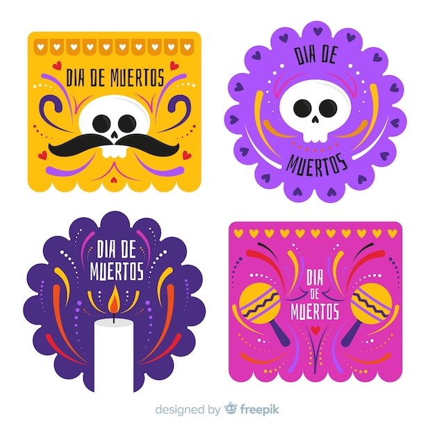 Free vector flat design día de muertos badge collection