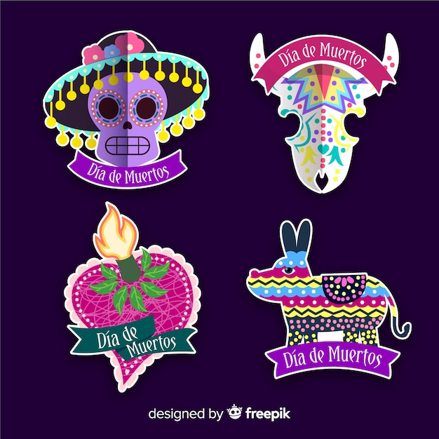 Flat design of dia de muertos badge collection