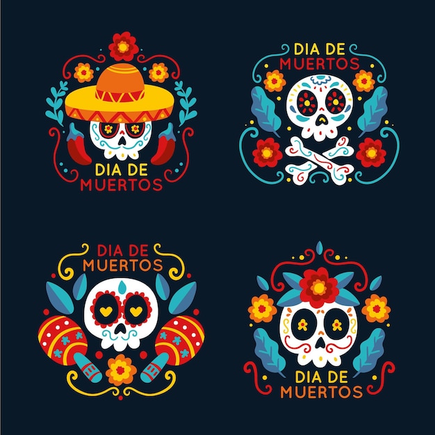 평면 디자인 dia de muertos 배지 컬렉션