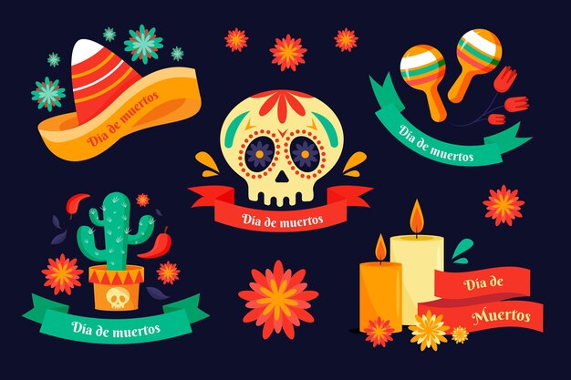 Плоский дизайн коллекции значков dia de muertos