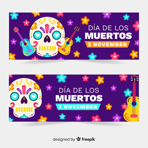 평면 디자인 Día de Muertos 배너 서식 파일
