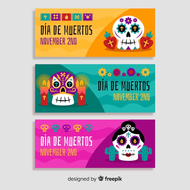 Flat design día de muertos banners template