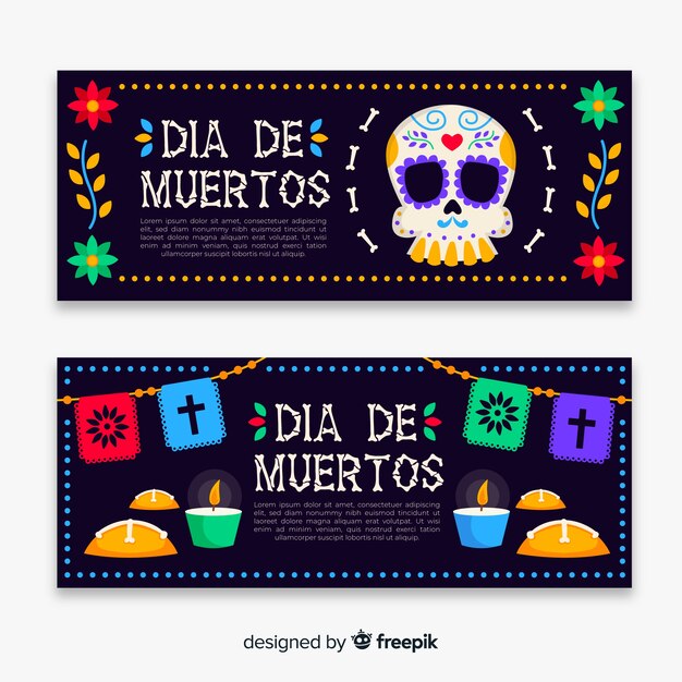 Плоский дизайн баннеров Dia de Muertos