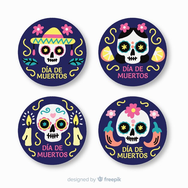 Flat design día de muertos label collection