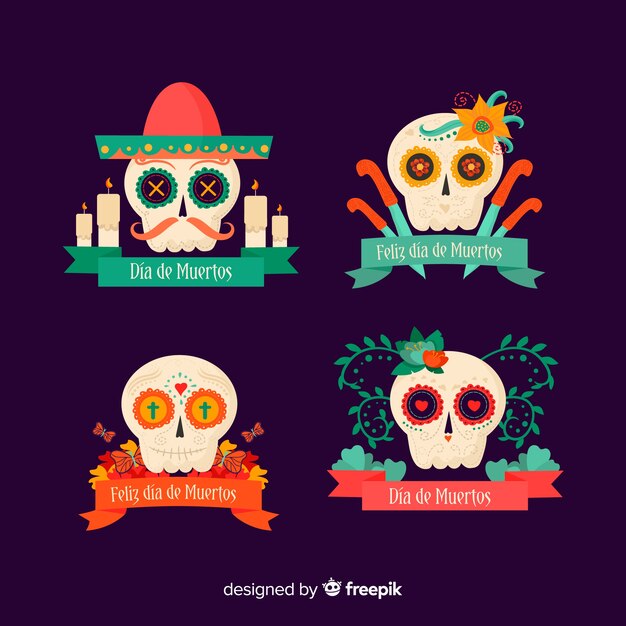 Flat design of dia de muertos label collection