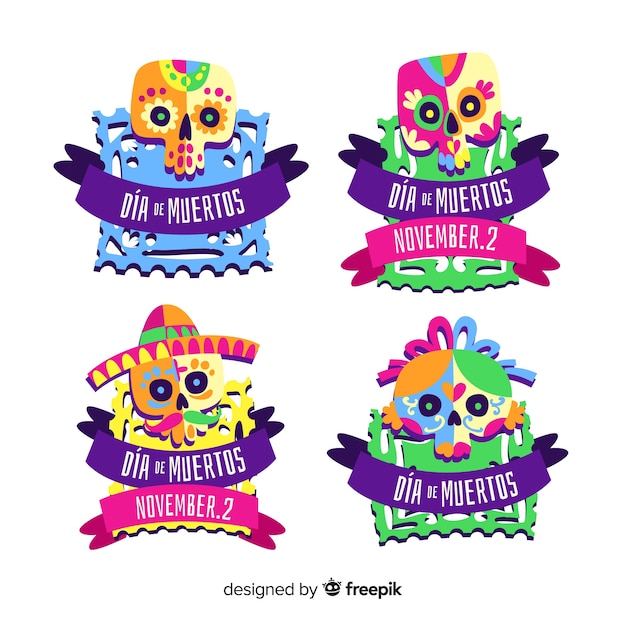 Free vector flat design dia de muertos label collection