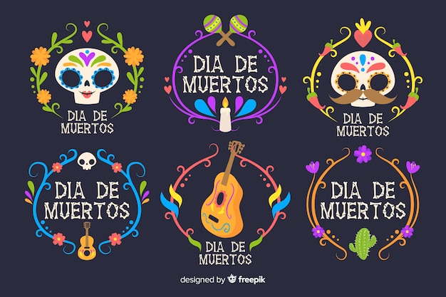 Collezione di etichette dia de muertos design piatto