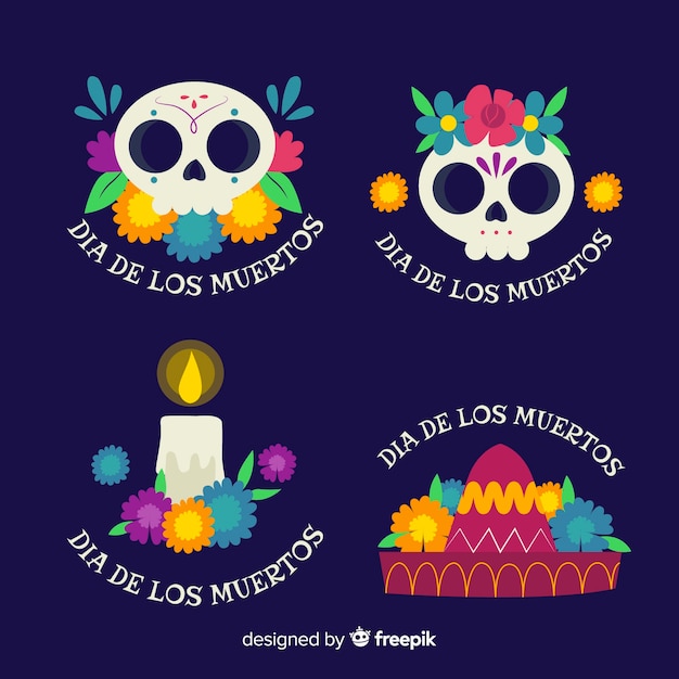 Flat design día de muertos label collection