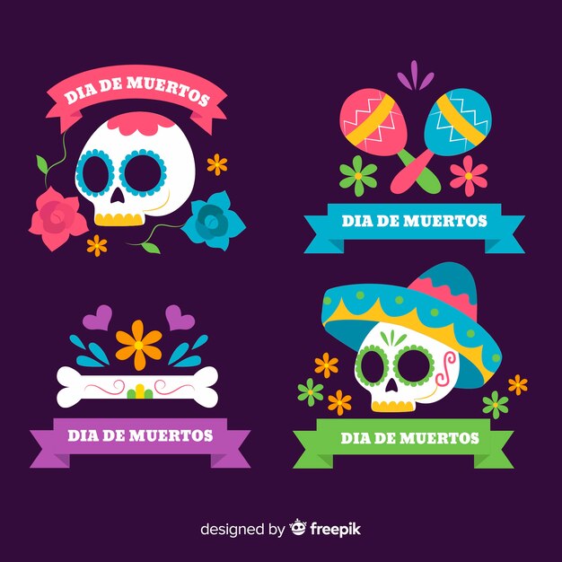 Плоский дизайн коллекции этикеток Dia de Muertos