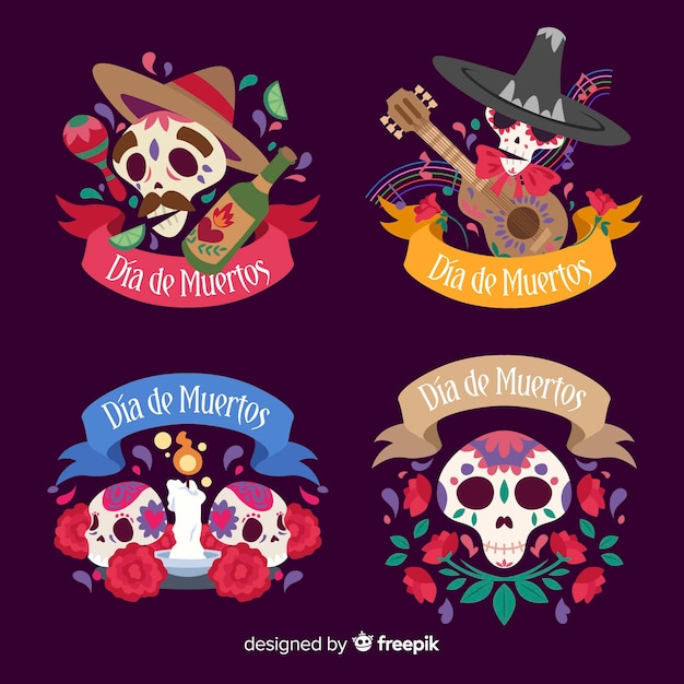 Flat design día de muertos label collection