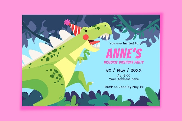 Free vector flat design dinosaur birthday invitation template