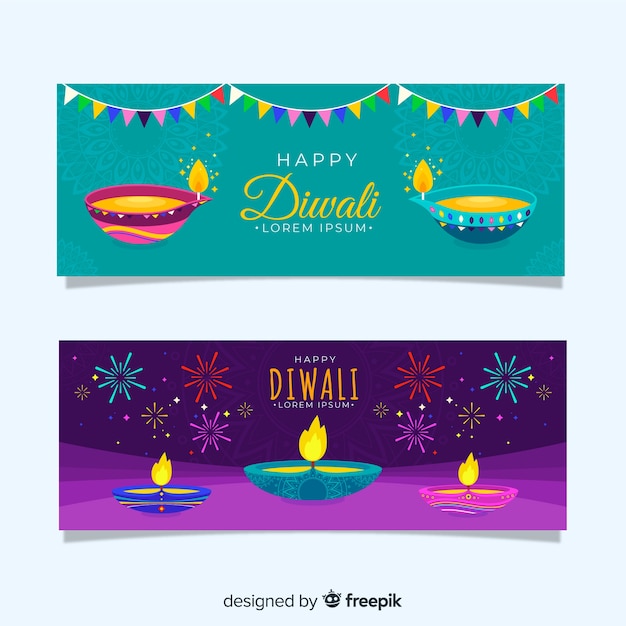 Vettore gratuito design piatto di banner web diwali