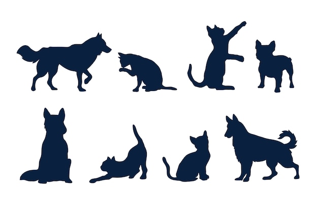 Бесплатное векторное изображение Набор силуэтов собак и кошек в плоском дизайне