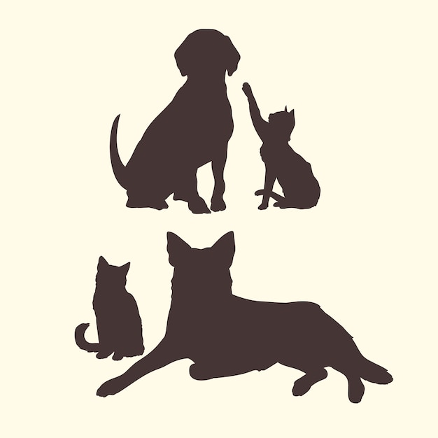 無料ベクター フラットなデザインの犬と猫のシルエット セット