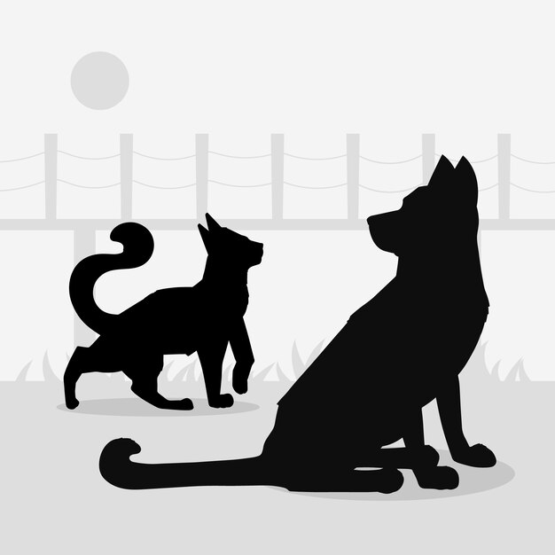 평면 디자인 개와 고양이 실루엣 그림