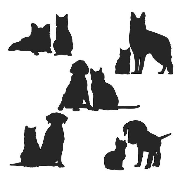 Vettore gratuito illustrazione della siluetta del cane e del gatto dal design piatto