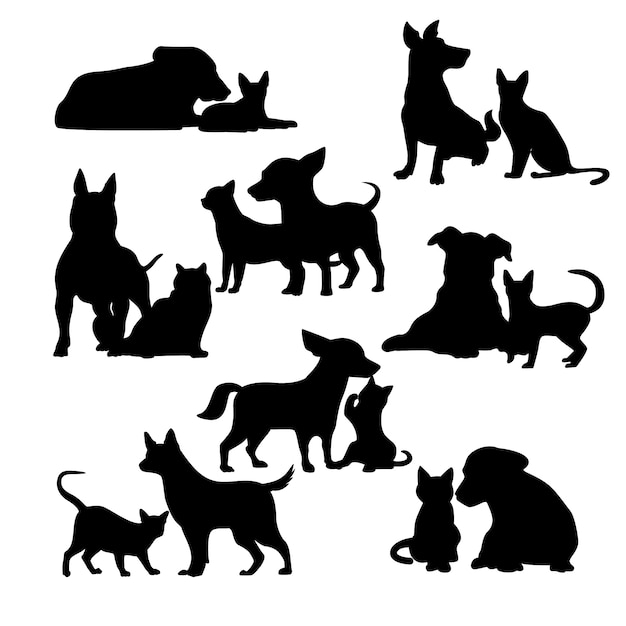 Vettore gratuito illustrazione della siluetta del cane e del gatto dal design piatto