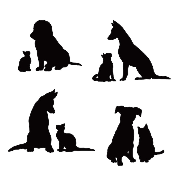 Vettore gratuito set di silhouette per cani e gatti dal design piatto