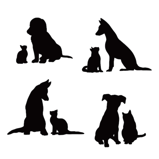 Flat design dog and cat silhouette set