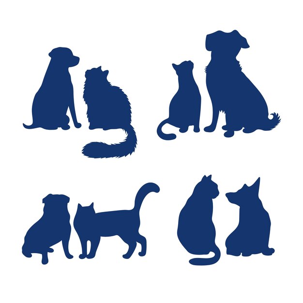 Flat design dog and cat silhouette set